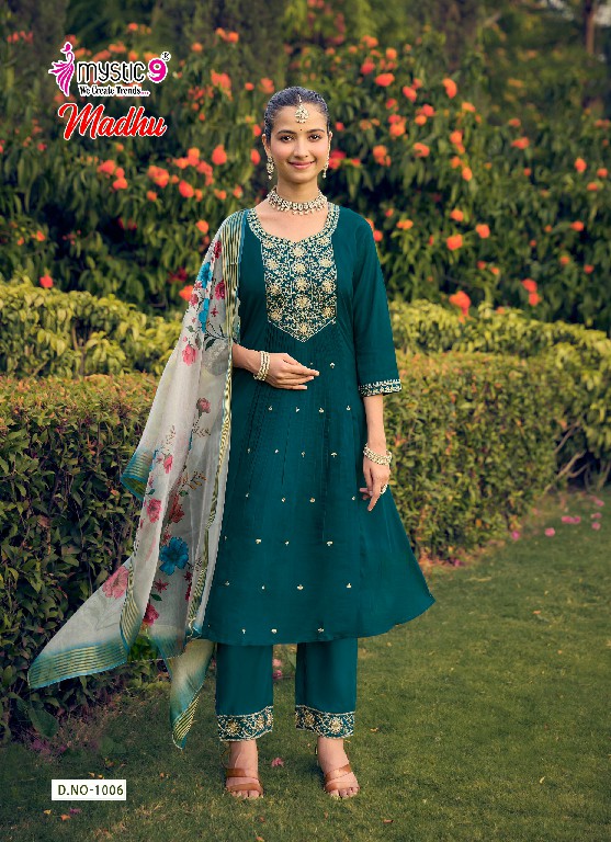 MYSTIC 9 MADHU VOL 1 WHOLESALE READYMADE MUL CHANDERI FLARED CUT EXCLUSIVE 3 PCS SUITS EXPORTER