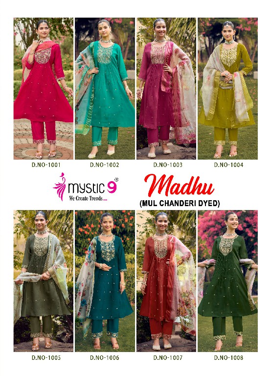 MYSTIC 9 MADHU VOL 1 WHOLESALE READYMADE MUL CHANDERI FLARED CUT EXCLUSIVE 3 PCS SUITS EXPORTER