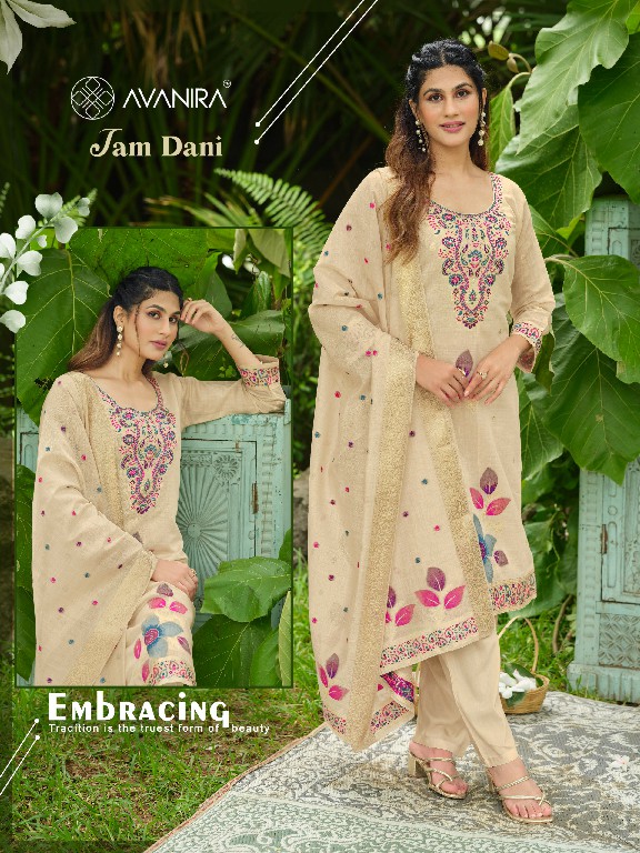 AVANIRA JAM DANI WHOLESALE READYMADE PURE JAM DANI FABRIC CLASSIC FANCY 3 PCS COMBO SET SUITS EXPORTER