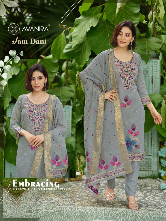AVANIRA JAM DANI WHOLESALE READYMADE PURE JAM DANI FABRIC CLASSIC FANCY 3 PCS COMBO SET SUITS EXPORTER