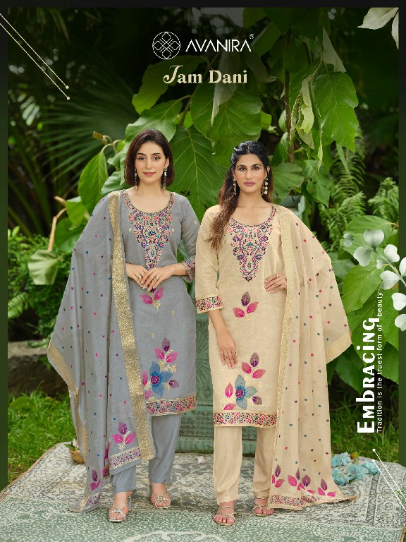 AVANIRA JAM DANI WHOLESALE READYMADE PURE JAM DANI FABRIC CLASSIC FANCY 3 PCS COMBO SET SUITS EXPORTER