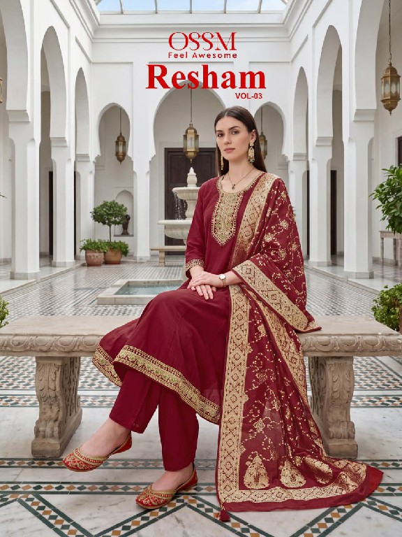 OSSM RESHAM VOL 3 WHOLESALE READYMADE ROMAN SILK AMAZING ANARKALI STYLE 3 PCS SUITS FOR EXPORT