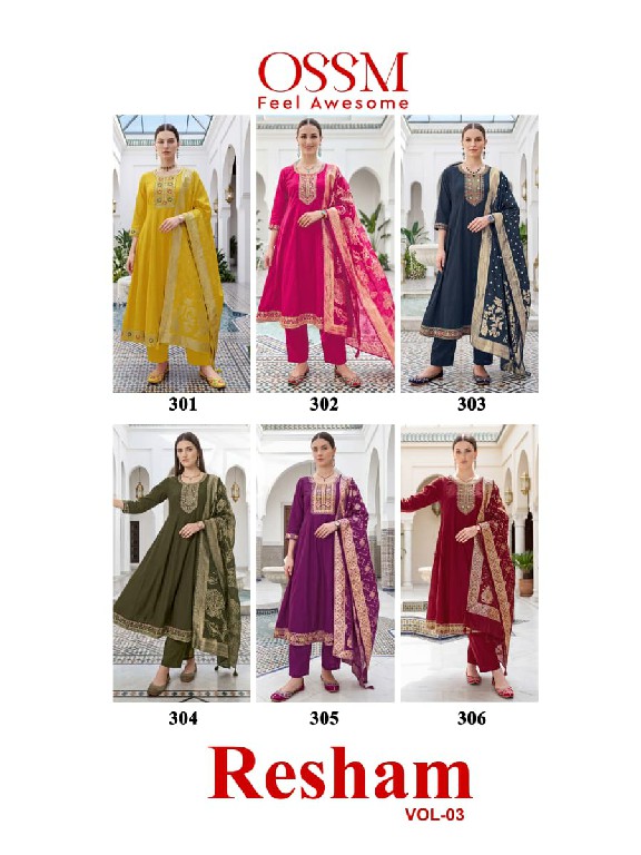 OSSM RESHAM VOL 3 WHOLESALE READYMADE ROMAN SILK AMAZING ANARKALI STYLE 3 PCS SUITS FOR EXPORT