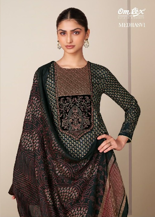 OMTEX MEDHASVI WHOLESALE MUSLIN SILK WITH EMBROIDERY PATCH WORK UNSTITCH SALWAR SUITS EXPORTER