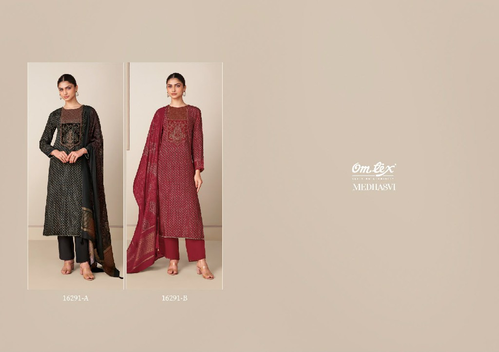 OMTEX MEDHASVI WHOLESALE MUSLIN SILK WITH EMBROIDERY PATCH WORK UNSTITCH SALWAR SUITS EXPORTER