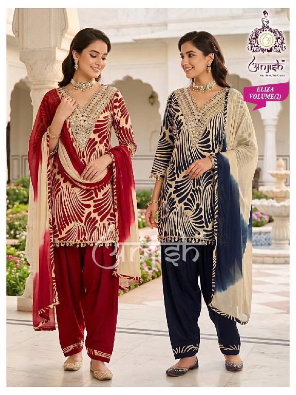 ANJISH ELIZA VOL 1 TO 4 WHOLESALE READYMADE RAYON VIRAL DESIGN FARSI SALWAR STYLE 3 PCS COMBO SET SUITS EXPORTER