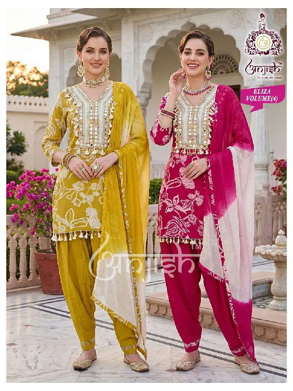 ANJISH ELIZA VOL 1 TO 4 WHOLESALE READYMADE RAYON VIRAL DESIGN FARSI SALWAR STYLE 3 PCS COMBO SET SUITS EXPORTER