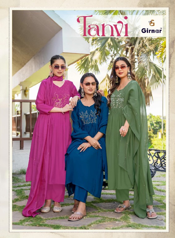 GIRNAR TANVI VOL 1 WHOLESALE READYMADE CHANDERI ANARKALI PATTERN 3 PCS SUITS SUPPLIER