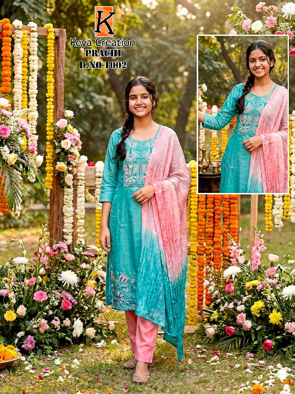 KEYA CREATION PRACHI WHOLESALE READYMADE ROMAN SILK STYLISH LOOK 3 PCS COMBO SET SUITS EXPORTER
