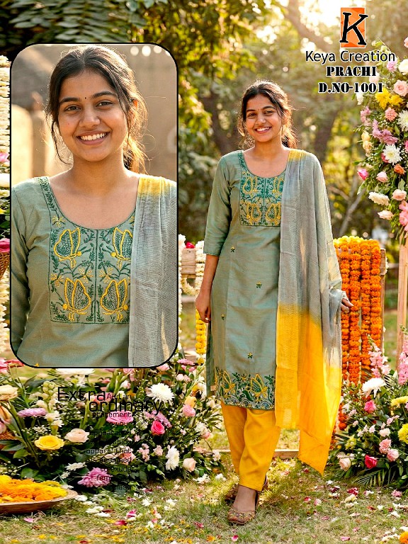 KEYA CREATION PRACHI WHOLESALE READYMADE ROMAN SILK STYLISH LOOK 3 PCS COMBO SET SUITS EXPORTER