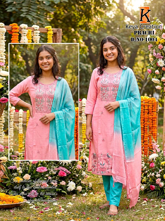 KEYA CREATION PRACHI WHOLESALE READYMADE ROMAN SILK STYLISH LOOK 3 PCS COMBO SET SUITS EXPORTER