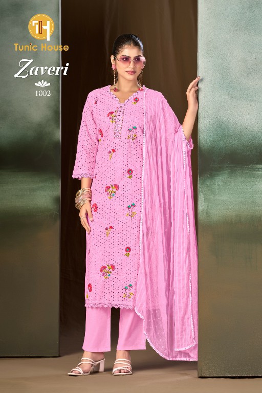 TUNIC HOUSE ZAVERI WHOLESALE READYMADE COTTON ELEGANT WORK 3 PCS COMBO SET SUITS EXPORTER