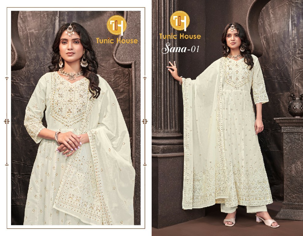 TUNIC HOUSE SANA WHOLESALE READYMADE MUL COTTON ANARKALI STYLE 3 PCS COMBO SET SUITS FOR EXPORT
