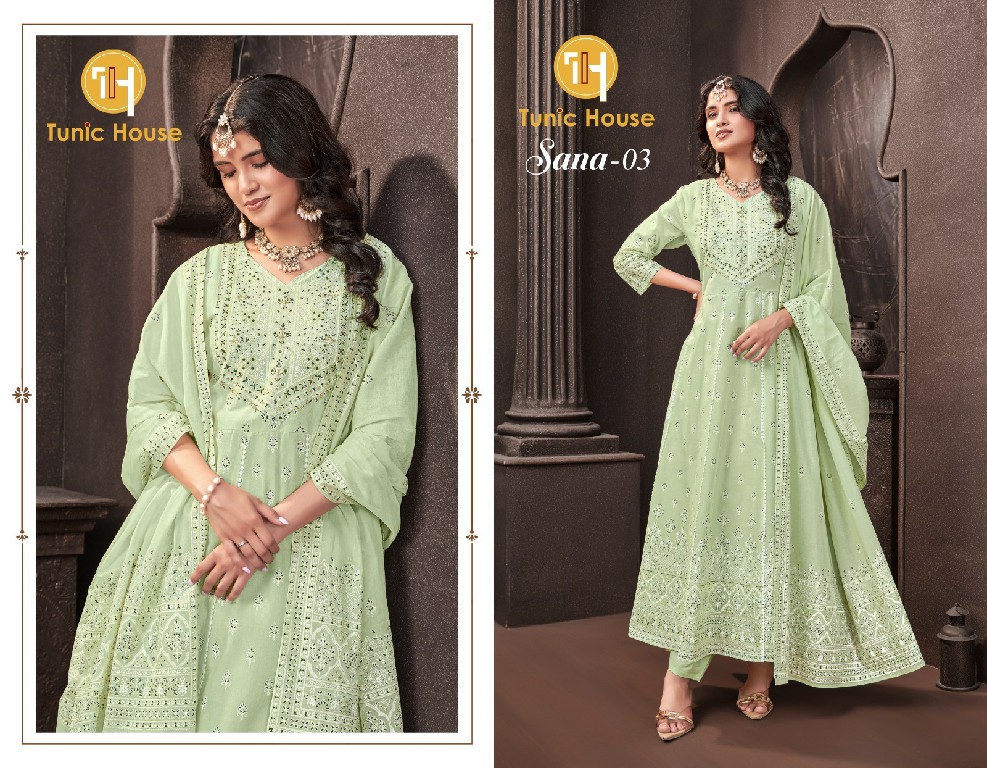 TUNIC HOUSE SANA WHOLESALE READYMADE MUL COTTON ANARKALI STYLE 3 PCS COMBO SET SUITS FOR EXPORT