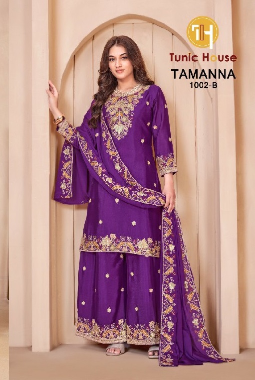 TUNIC HOUSE TAMANNA WHOLESALE READYMADE CHINON FESTIVE WEAR 3 PCS COMBO SET SUITS SUPPLIER