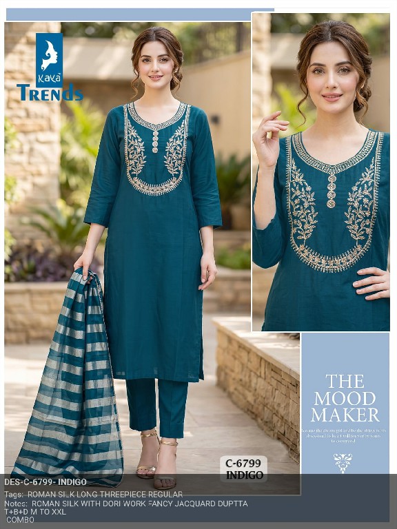 KAYA D.NO 9799 WHOLESALE READYMADE ROMAN SILK WITH WORK FANCY 3 PCS COMBO SET SUITS SUPPLIER