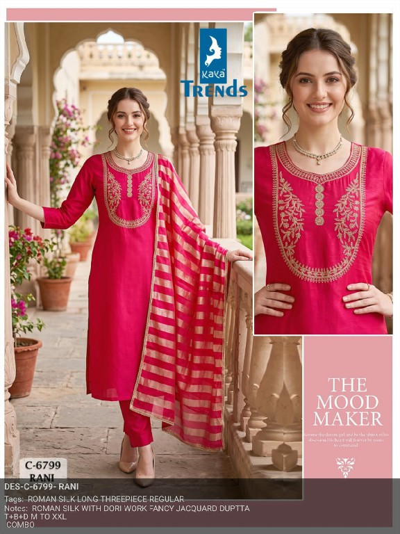 KAYA D.NO 9799 WHOLESALE READYMADE ROMAN SILK WITH WORK FANCY 3 PCS COMBO SET SUITS SUPPLIER