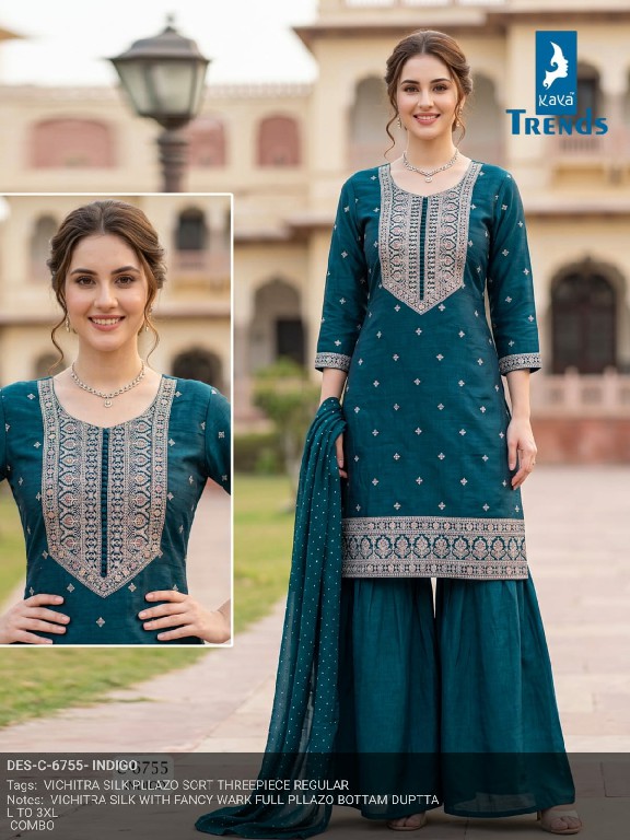 KAYA D.NO 6755 WHOLESALE READYMADE VICHITRA SILK PLAZZO STYLE 3 PCS COMBO SET SUITS ONLINE