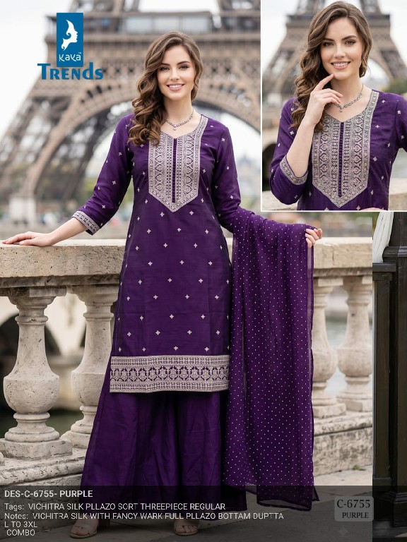 KAYA D.NO 6755 WHOLESALE READYMADE VICHITRA SILK PLAZZO STYLE 3 PCS COMBO SET SUITS ONLINE