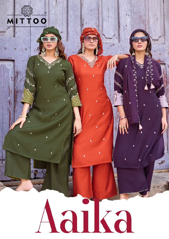 MITTOO AAIKA WHOLESALE READYMADE VISCOSE WEAVING ELEGANCE 3 PCS SUITS EXPORTER