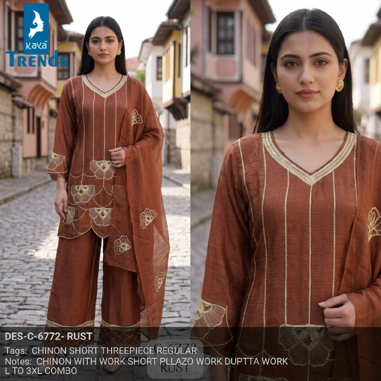 KAYA D.NO 6772 WHOLESALE READYMADE CHINON UNIQUE DESIGN 3 PCS COMBO SET SUITS FOR EXPORT