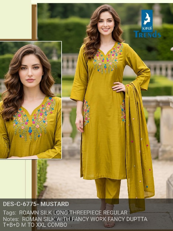KAYA D.NO 6775 WHOLESALE READYMADE ROMAN SILK WITH FANCY WORK 3 PCS COMBO SET SUITS EXPORTER