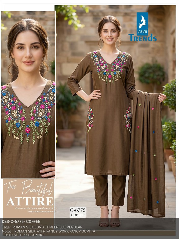 KAYA D.NO 6775 WHOLESALE READYMADE ROMAN SILK WITH FANCY WORK 3 PCS COMBO SET SUITS EXPORTER