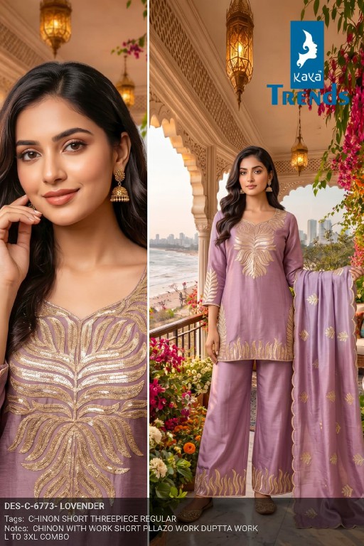 KAYA D.NO 6773 WHOLESALE READYMADE CHINON NEW WORK PATTERN 3 PCS COMBO SET SUITS SUPPLIER