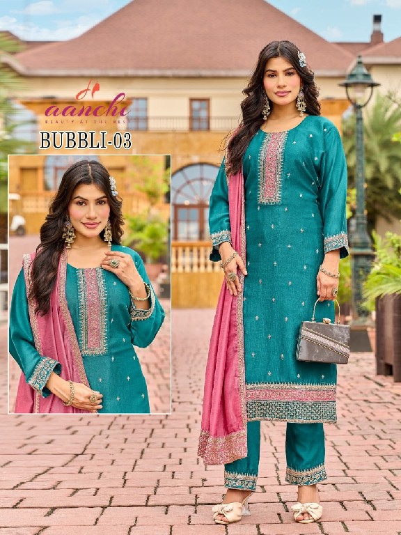 AANCHI BUBBLI WHOLESALE READYMADE VICHITRA SILK FASHIONABLE 3 PCS SUITS EXPORTER