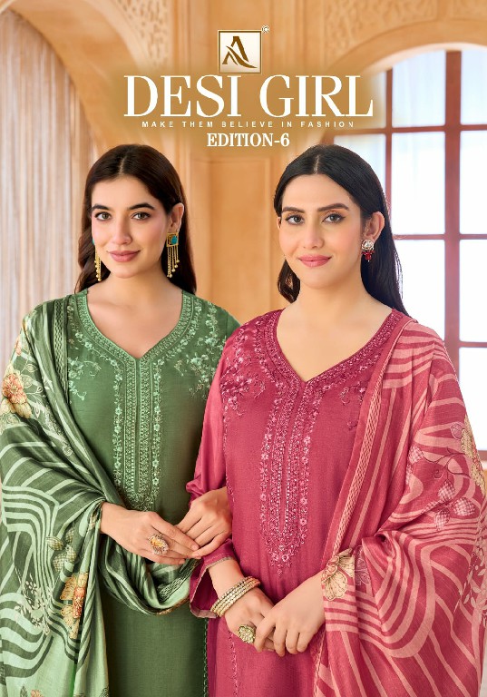 ALOK SUIT DESI GIRL VOL 6 WHOLESALE VISCOSE RAYON DESIGNER WORK UNSTITCH SALWAR SUITS EXPORTER