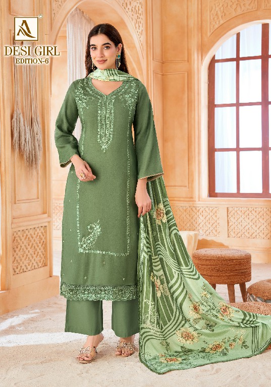ALOK SUIT DESI GIRL VOL 6 WHOLESALE VISCOSE RAYON DESIGNER WORK UNSTITCH SALWAR SUITS EXPORTER