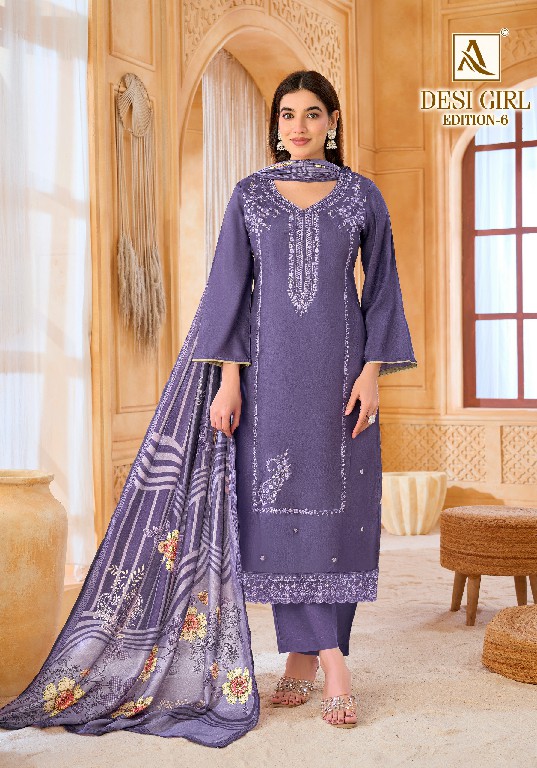 ALOK SUIT DESI GIRL VOL 6 WHOLESALE VISCOSE RAYON DESIGNER WORK UNSTITCH SALWAR SUITS EXPORTER