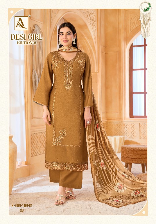 ALOK SUIT DESI GIRL VOL 6 WHOLESALE VISCOSE RAYON DESIGNER WORK UNSTITCH SALWAR SUITS EXPORTER