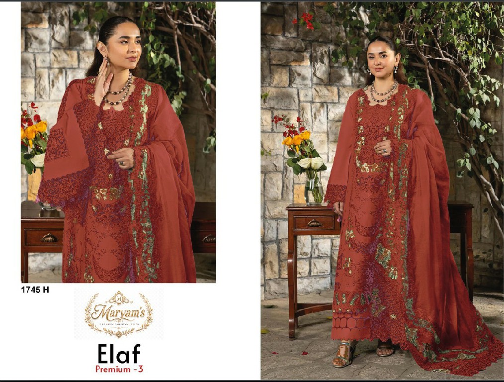 MARYAMS ELAF PREMIUM VOL 3 D.NO 1745 WHOLESALE PURE COTTON PAKISTANI HIT DESIGN UNSTITCH SALWAR SUITS EXPORTER
