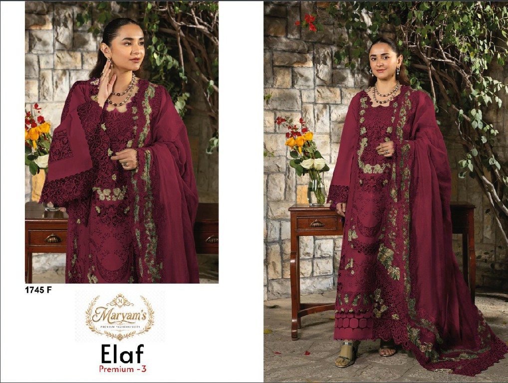 MARYAMS ELAF PREMIUM VOL 3 D.NO 1745 WHOLESALE PURE COTTON PAKISTANI HIT DESIGN UNSTITCH SALWAR SUITS EXPORTER