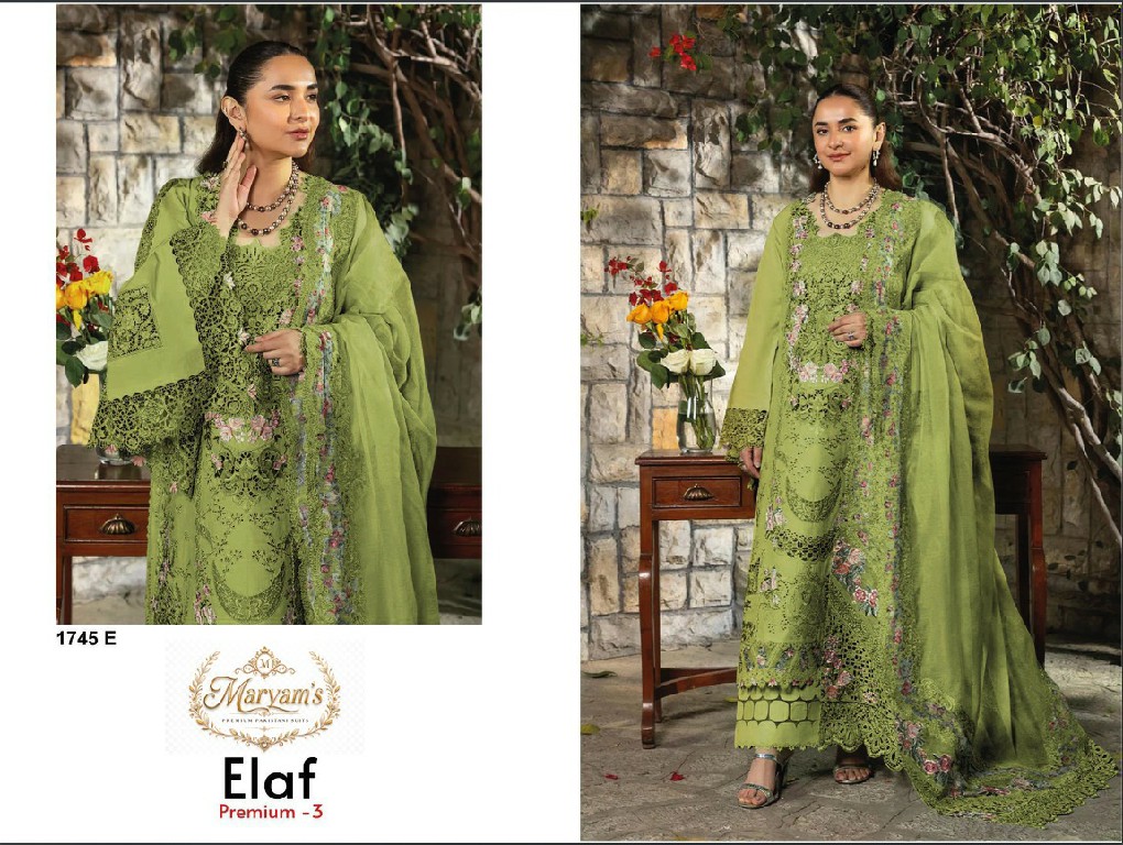 MARYAMS ELAF PREMIUM VOL 3 D.NO 1745 WHOLESALE PURE COTTON PAKISTANI HIT DESIGN UNSTITCH SALWAR SUITS EXPORTER
