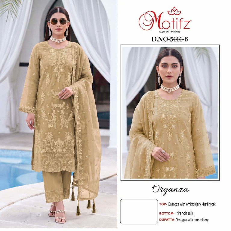 MOTIFZ D.NO 5444 WHOLESALE ORGANZA WITH EMBROIDERY KHATLI WORK PAKISTANI UNSTITCH SALWAR SUITS SUPPLIER