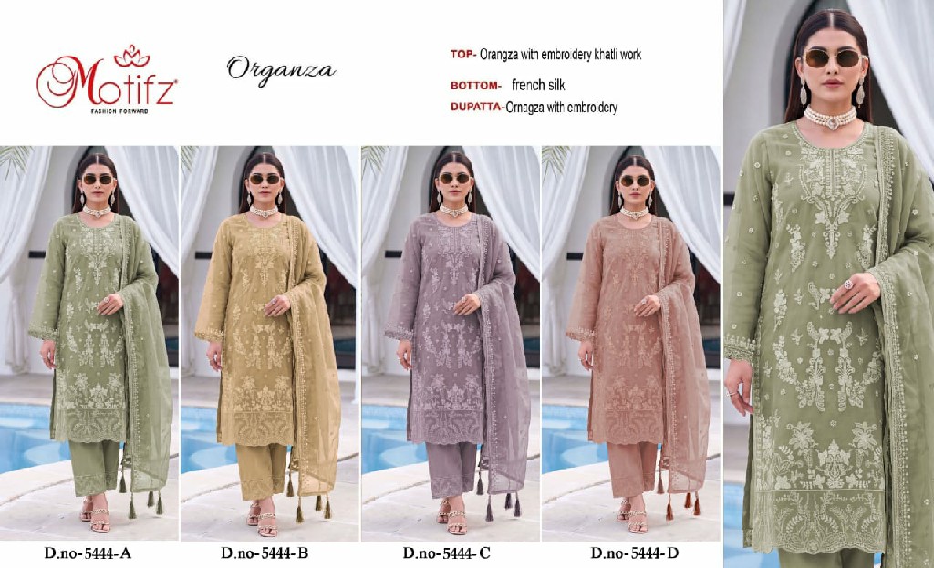 MOTIFZ D.NO 5444 WHOLESALE ORGANZA WITH EMBROIDERY KHATLI WORK PAKISTANI UNSTITCH SALWAR SUITS SUPPLIER