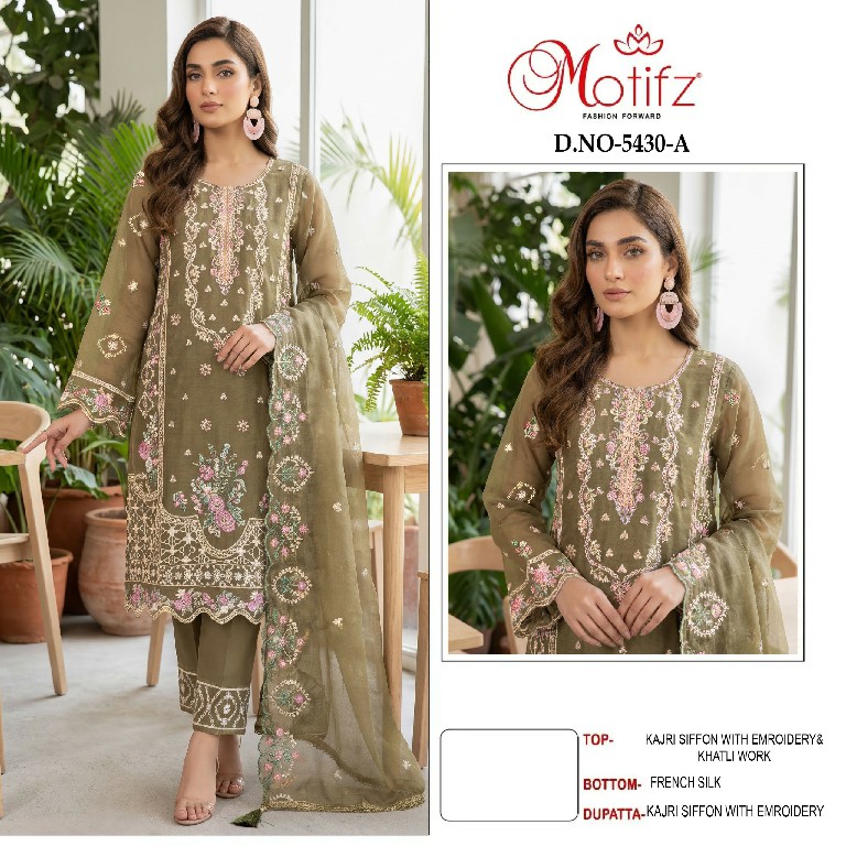 MOTIFZ D.NO 5430 WHOLESALE KAJRI CHIFFON UNIQUE PAKISTANI UNSTITCH SALWAR SUITS EXPORTER