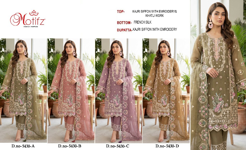 MOTIFZ D.NO 5430 WHOLESALE KAJRI CHIFFON UNIQUE PAKISTANI UNSTITCH SALWAR SUITS EXPORTER
