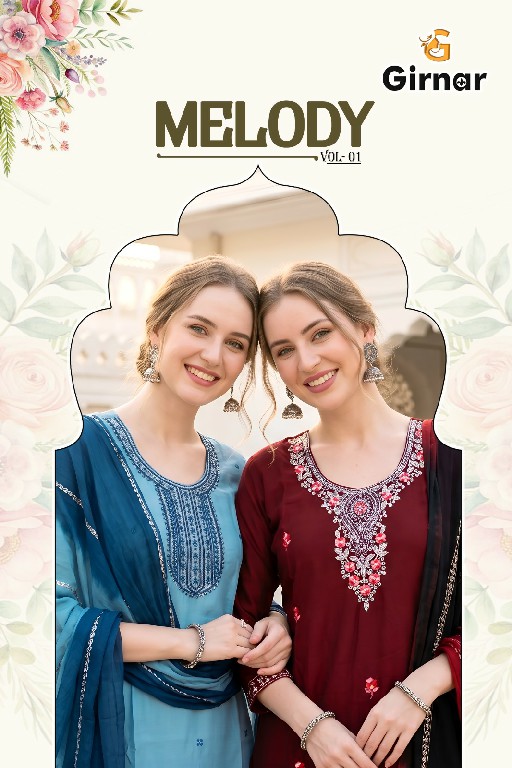 GIRNAR MELODY VOL 1 WHOLESALE READYMADE ROMAN SILK EXCLUSIVE 3 PCS SUITS EXPORTER