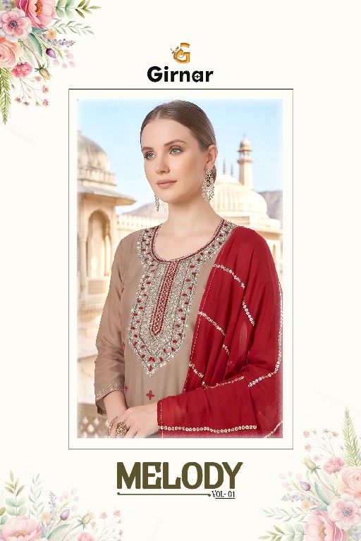 GIRNAR MELODY VOL 1 WHOLESALE READYMADE ROMAN SILK EXCLUSIVE 3 PCS SUITS EXPORTER