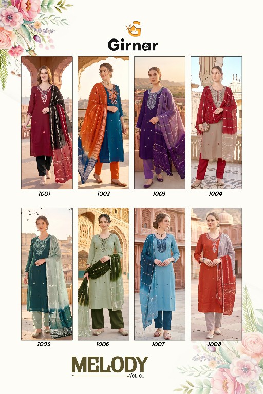GIRNAR MELODY VOL 1 WHOLESALE READYMADE ROMAN SILK EXCLUSIVE 3 PCS SUITS EXPORTER