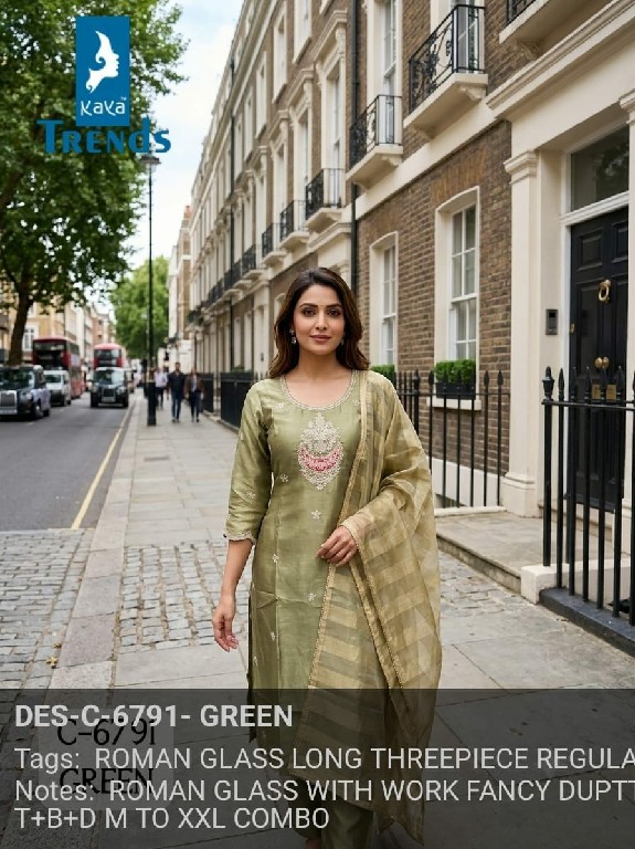 KAYA D.NO 6791 WHOLESALE READYMADE ROMAN GLASS WITH FANCY WORK 3 PCS COMBO SET SUITS SUPPLIER