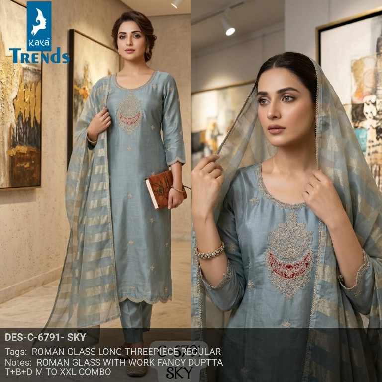 KAYA D.NO 6791 WHOLESALE READYMADE ROMAN GLASS WITH FANCY WORK 3 PCS COMBO SET SUITS SUPPLIER