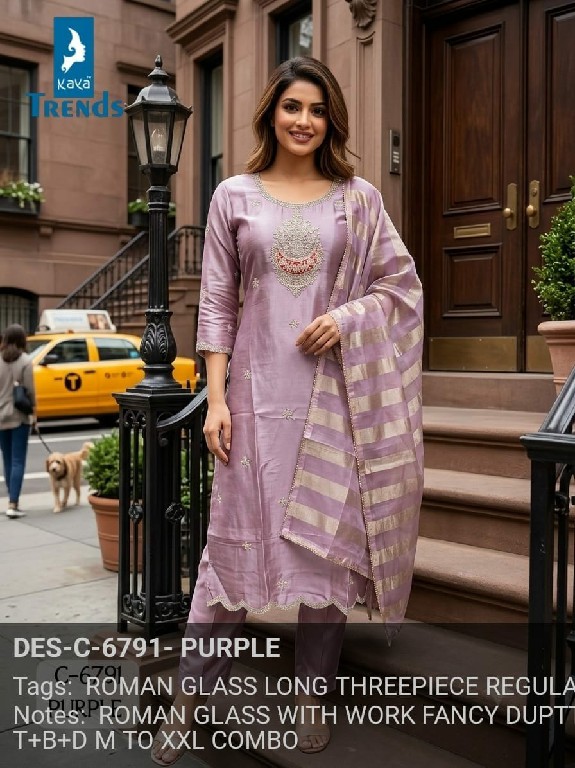 KAYA D.NO 6791 WHOLESALE READYMADE ROMAN GLASS WITH FANCY WORK 3 PCS COMBO SET SUITS SUPPLIER