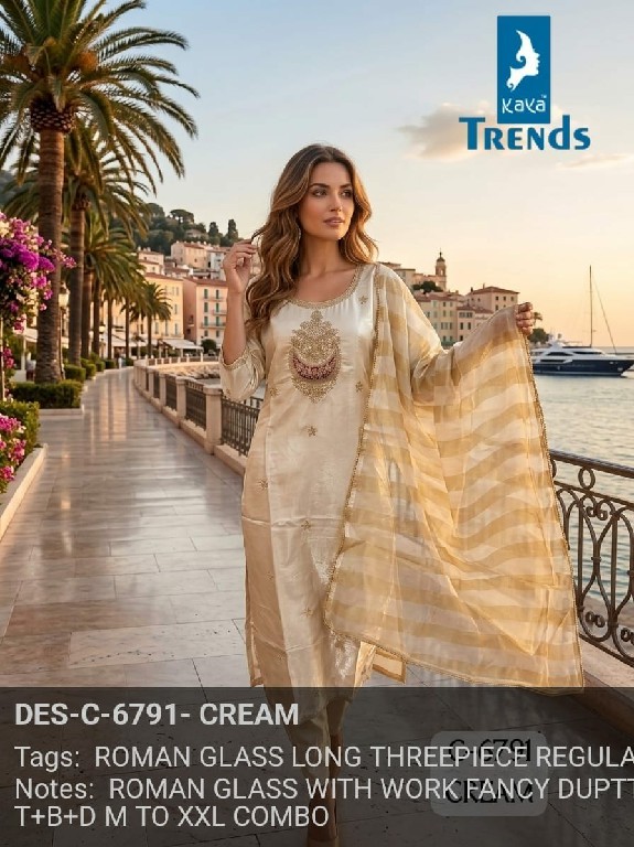 KAYA D.NO 6791 WHOLESALE READYMADE ROMAN GLASS WITH FANCY WORK 3 PCS COMBO SET SUITS SUPPLIER