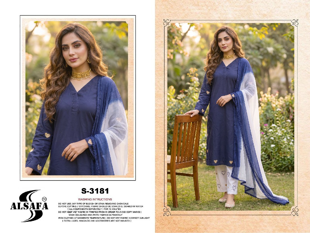ALSAFA D.NO 3181 WHOLESALE READYMADE RAYON COTTON PAKISTANI 3 PCS SUITS SUPPLIER