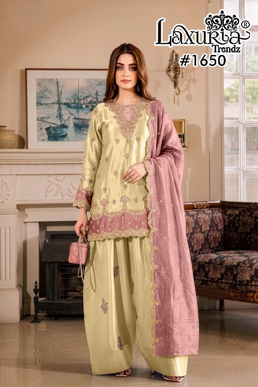 LAXURIA TRENDZ D.NO 1650 WHOLESALE READYMADE SATIN CLASSIC DESIGNER 3 PCS SUITS SUPPLIER