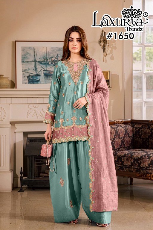 LAXURIA TRENDZ D.NO 1650 WHOLESALE READYMADE SATIN CLASSIC DESIGNER 3 PCS SUITS SUPPLIER
